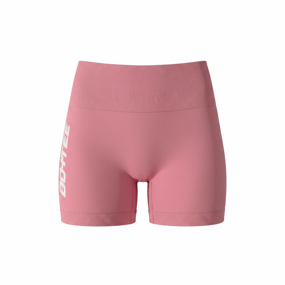 Bo + Tee Pink High-Waisted Seamless Ribbed Workout Shorts with Side Logo